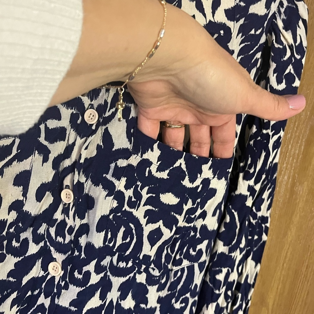 Zara White and Blue Sheath Dress 3/4 Sleeve Crew Neck - Picture 3 of 13